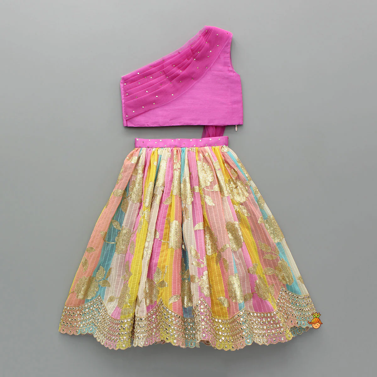 Pink One Shoulder Drape Style Top With Multicolour Sequins Embellished Lehenga