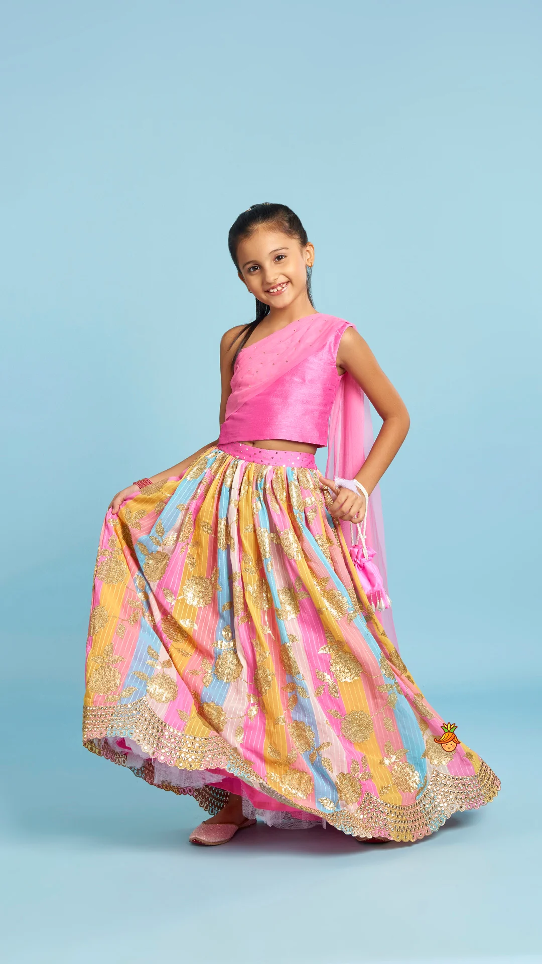 Pink One Shoulder Drape Style Top With Multicolour Sequins Embellished Lehenga - Image 2