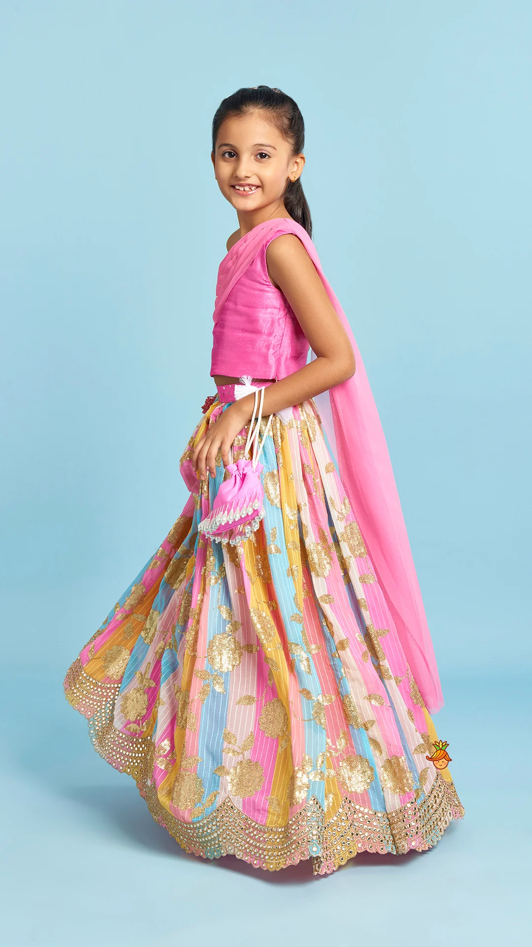 Pink One Shoulder Drape Style Top With Multicolour Sequins Embellished Lehenga - Image 3
