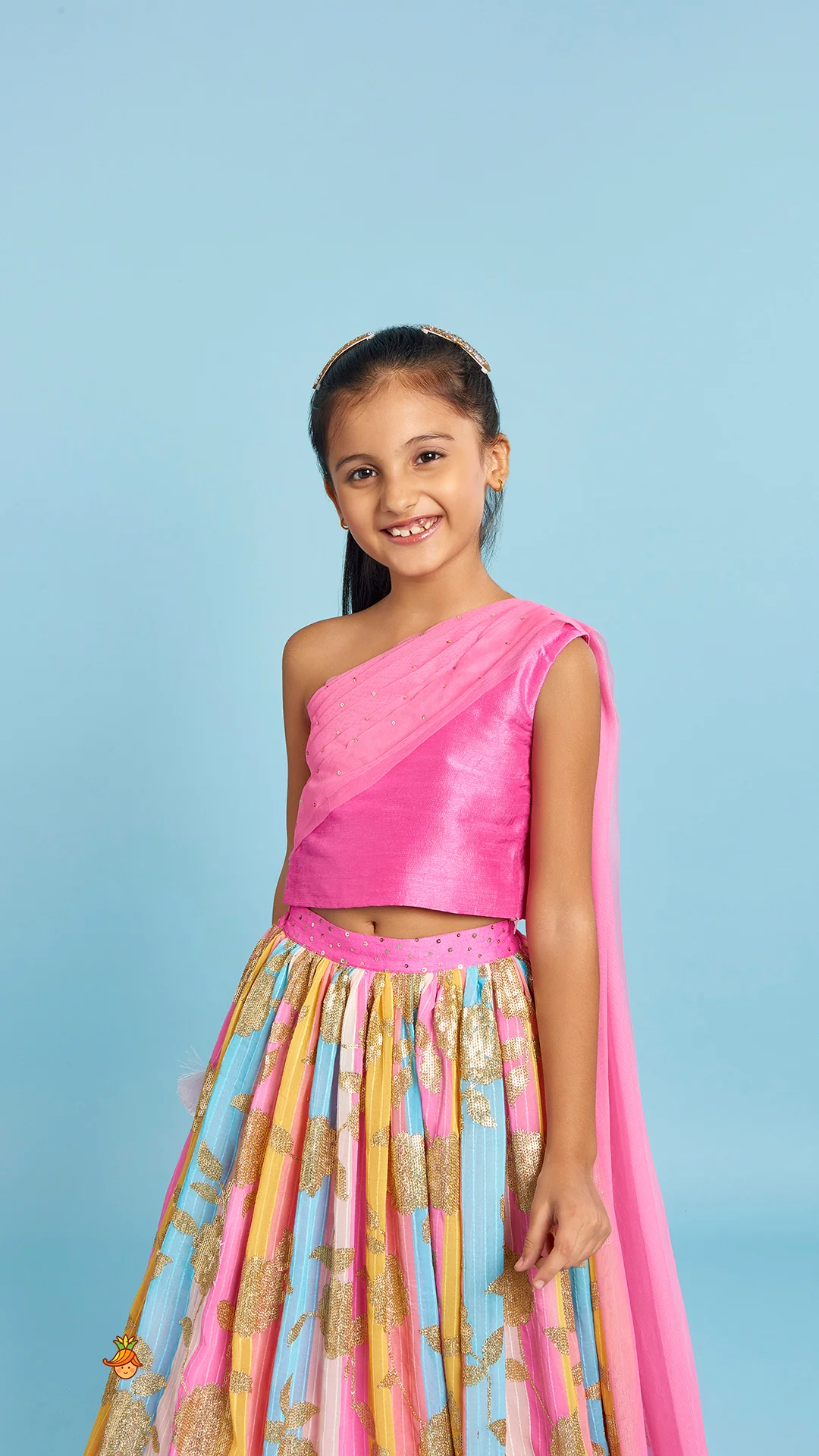Pink One Shoulder Drape Style Top With Multicolour Sequins Embellished Lehenga - Image 4