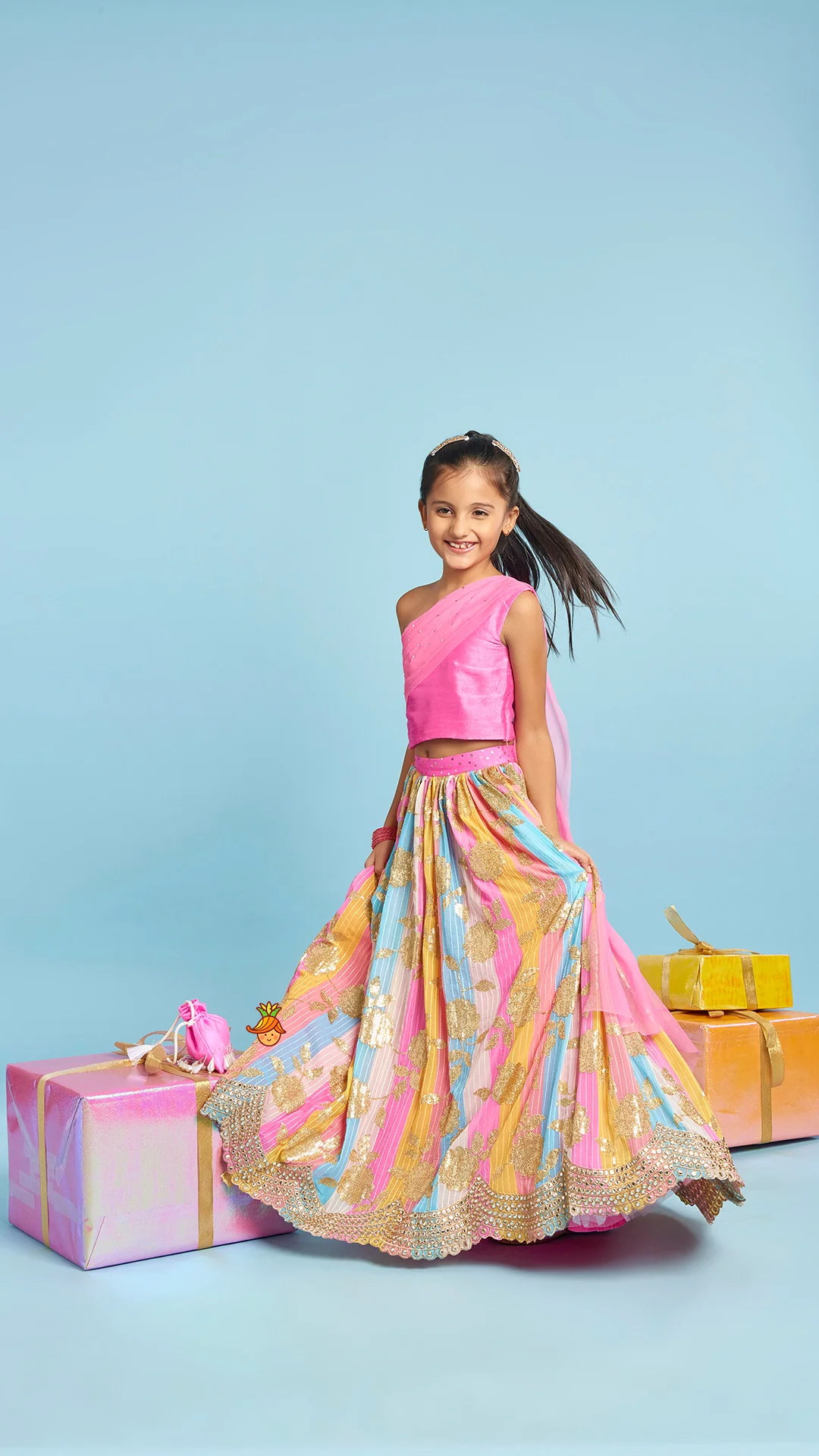 Pink One Shoulder Drape Style Top With Multicolour Sequins Embellished Lehenga - Image 5