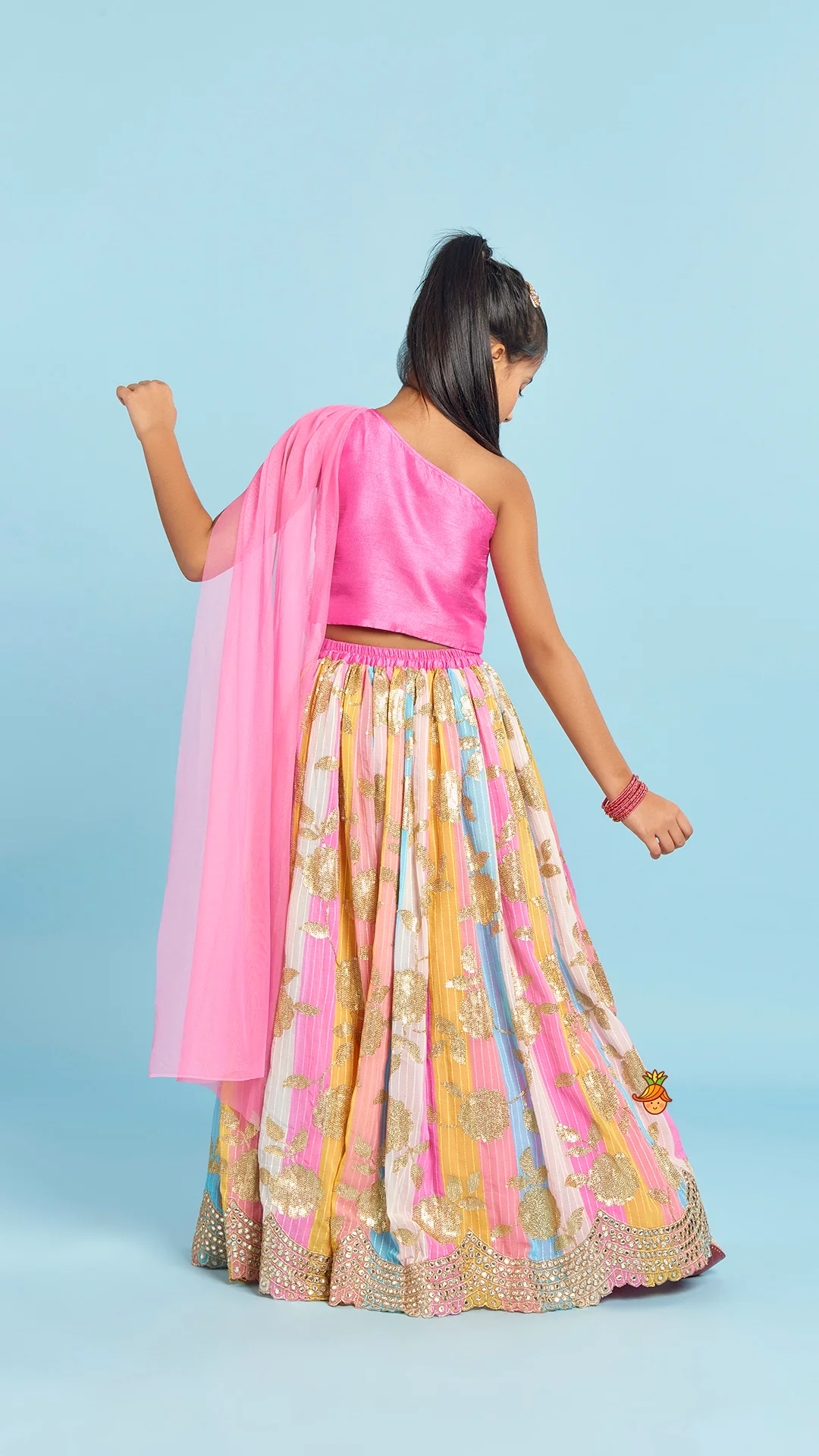 Pink One Shoulder Drape Style Top With Multicolour Sequins Embellished Lehenga - Image 6