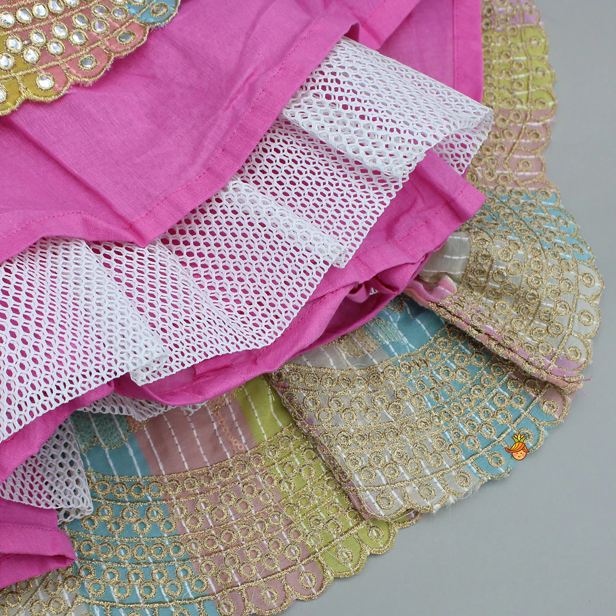 Pink One Shoulder Drape Style Top With Multicolour Sequins Embellished Lehenga - Image 8