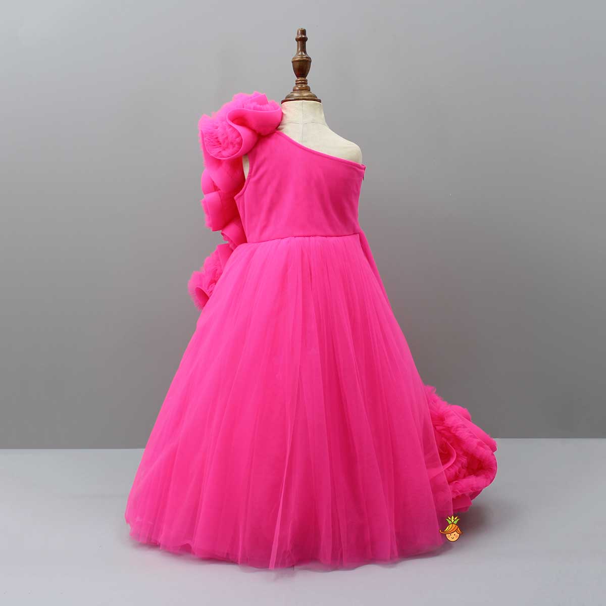 Pink One Shoulder Ruffle Net Gown - Image 2