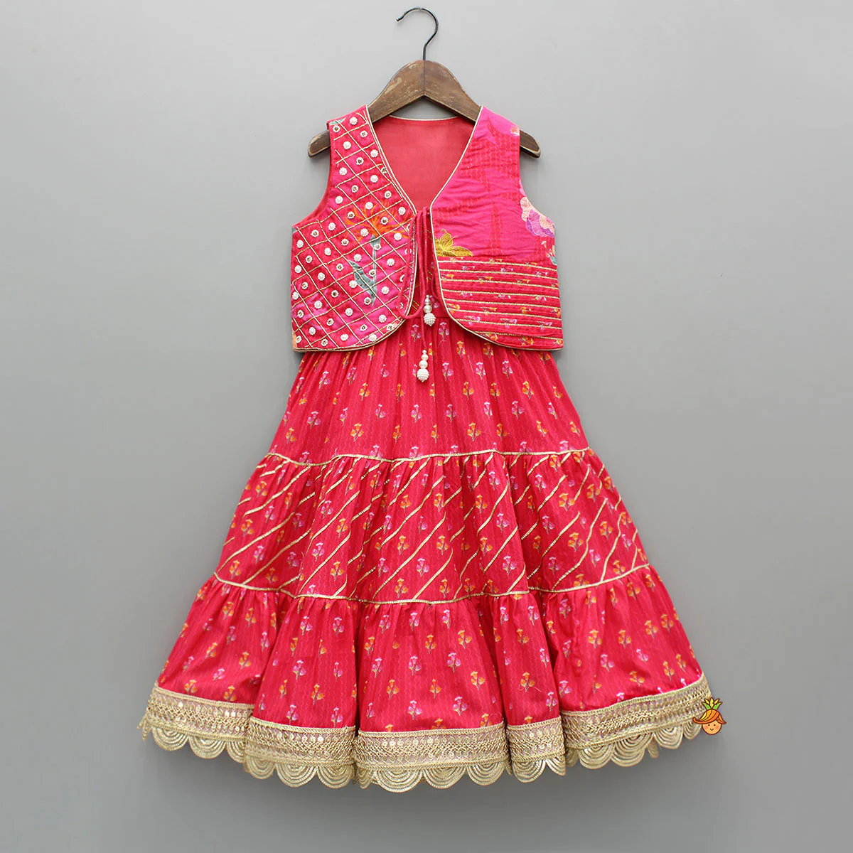 Pink Printed And Embellished Strappy Kurti With Embroidered Jacket