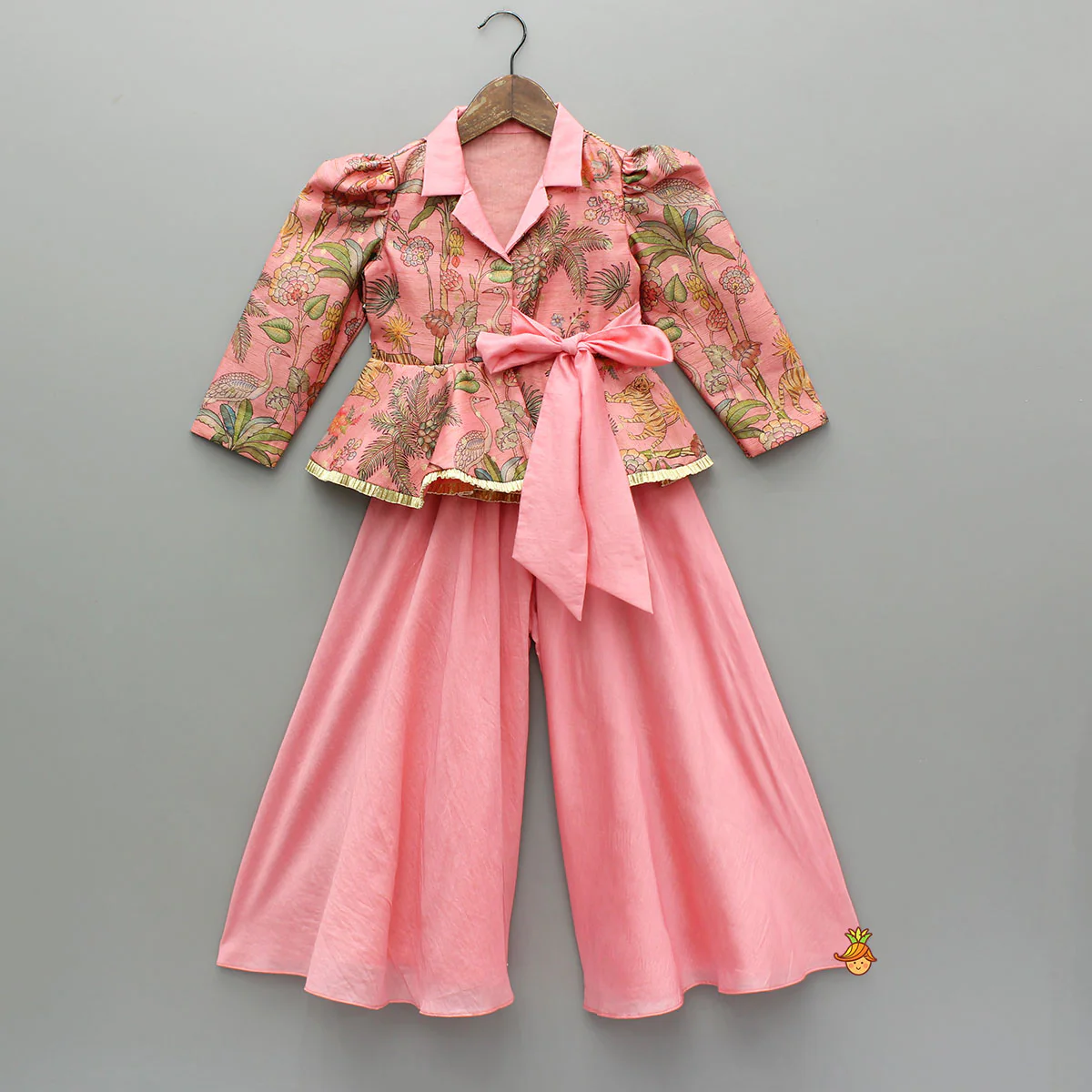 Pink Printed Jacket Style Peplum Top And Flared Palazzo