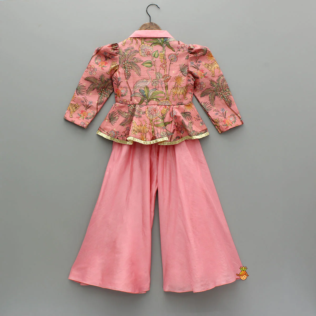 Pink Printed Jacket Style Peplum Top And Flared Palazzo - Image 2