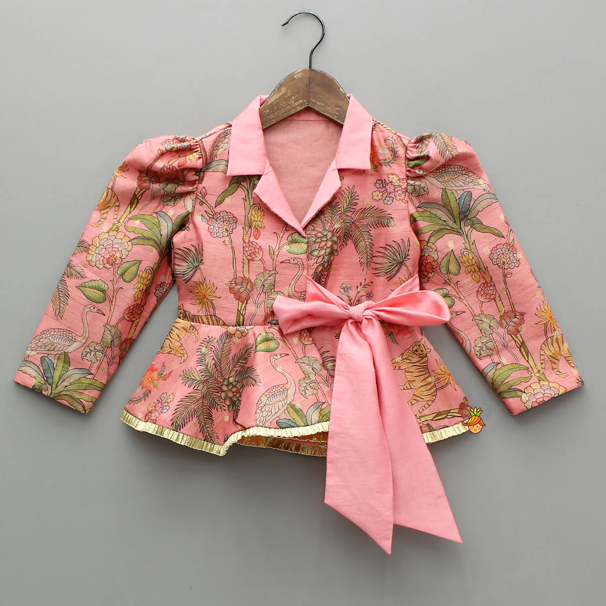 Pink Printed Jacket Style Peplum Top And Flared Palazzo - Image 3
