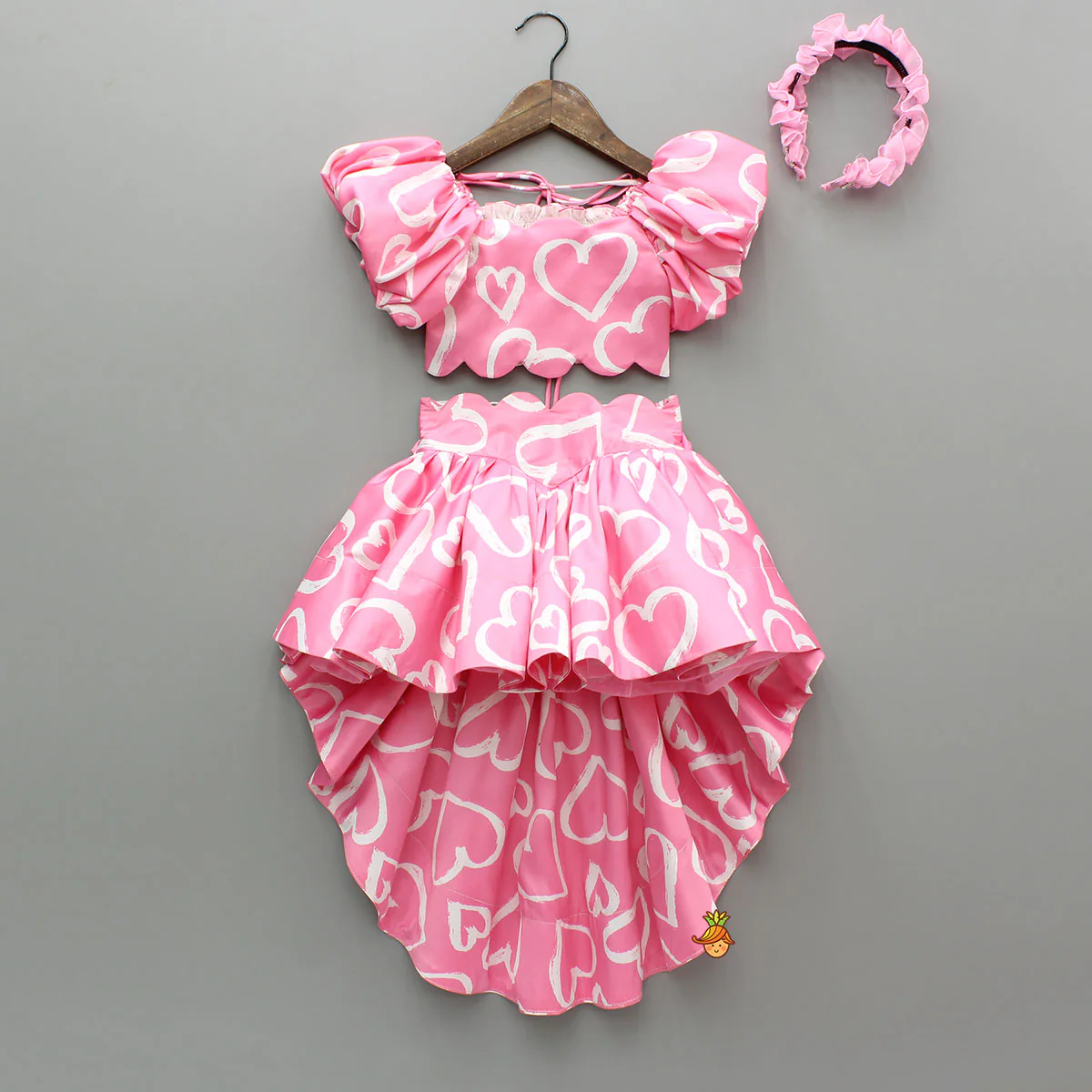 Pink Printed Smocked Top And High Low Skirt With Hairband