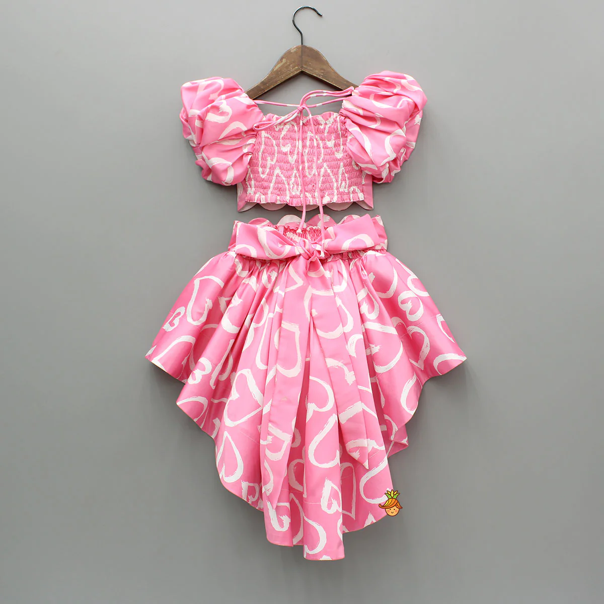 Pink Printed Smocked Top And High Low Skirt With Hairband - Image 2
