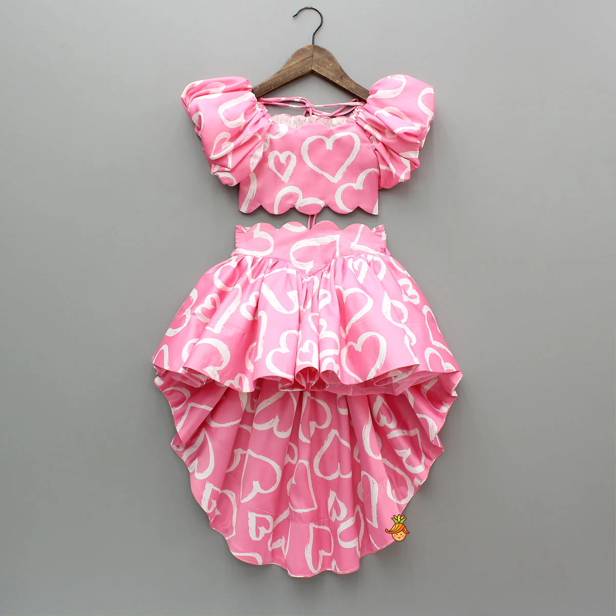 Pink Printed Smocked Top And High Low Skirt With Hairband - Image 3