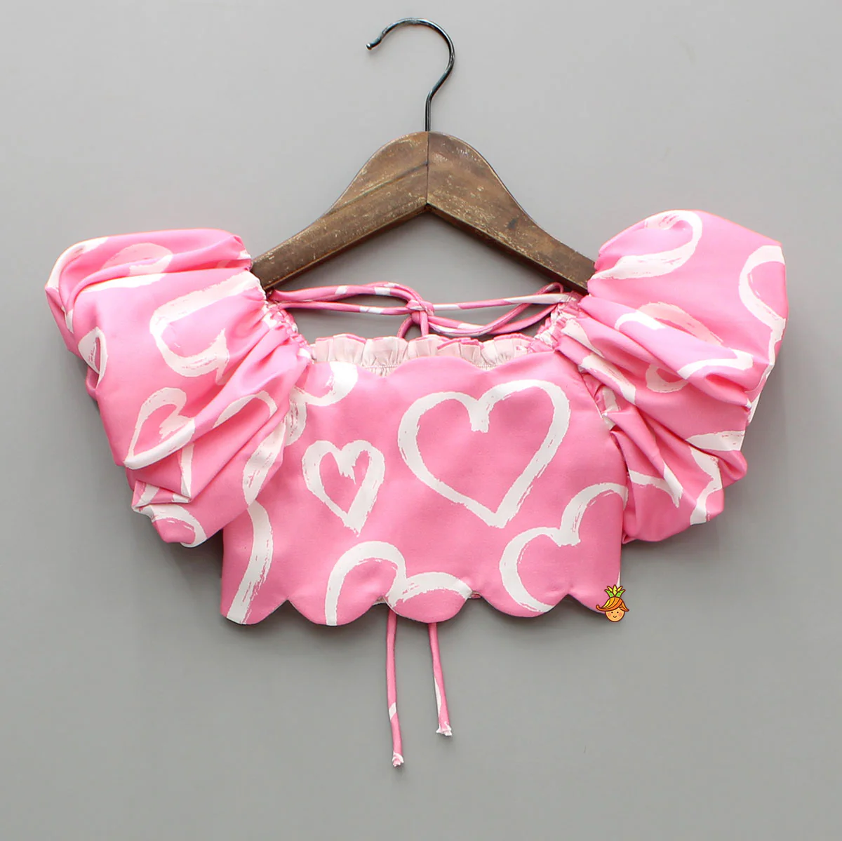 Pink Printed Smocked Top And High Low Skirt With Hairband - Image 4