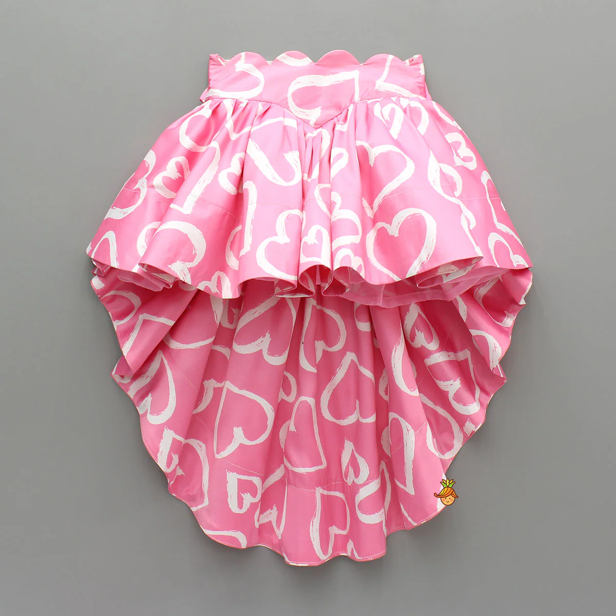 Pink Printed Smocked Top And High Low Skirt With Hairband - Image 5