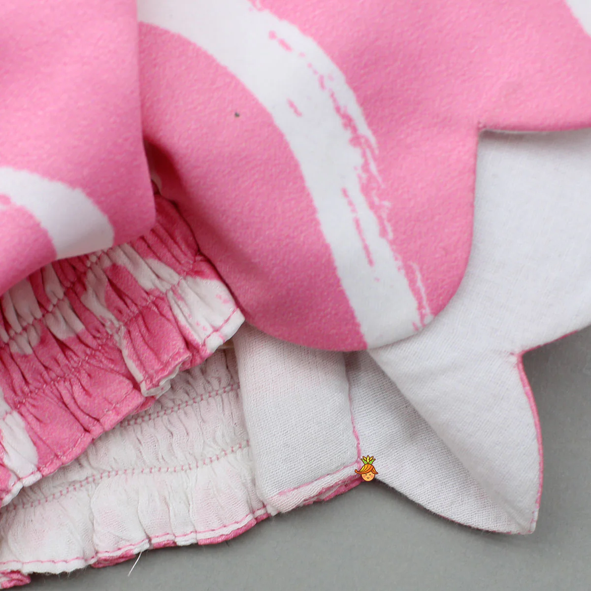 Pink Printed Smocked Top And High Low Skirt With Hairband - Image 6