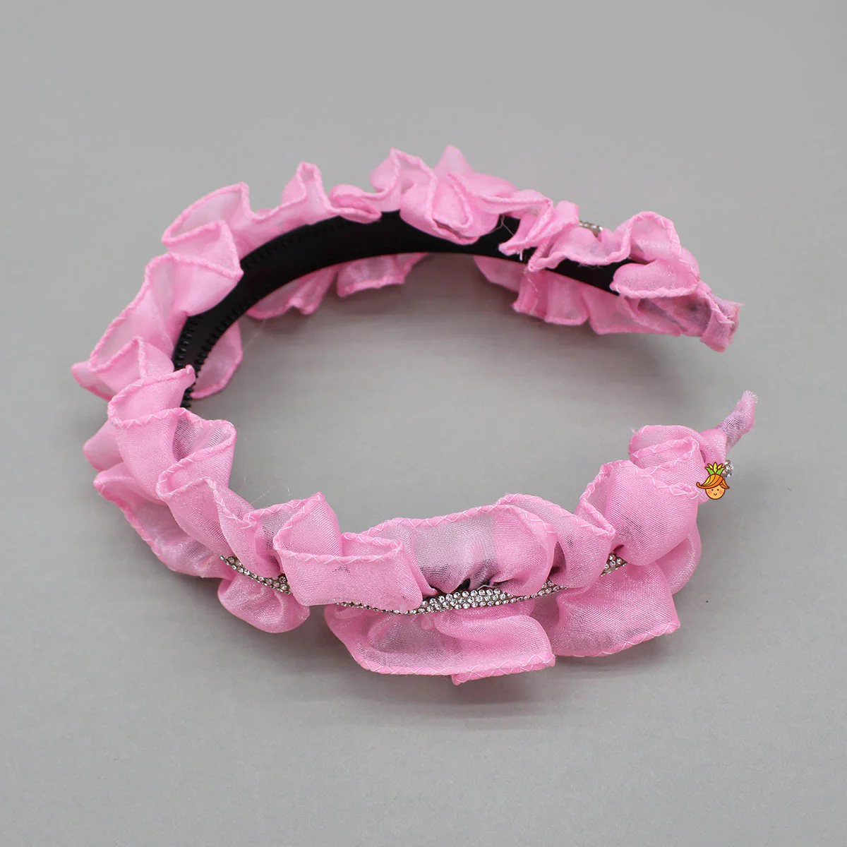 Pink Printed Smocked Top And High Low Skirt With Hairband - Image 8