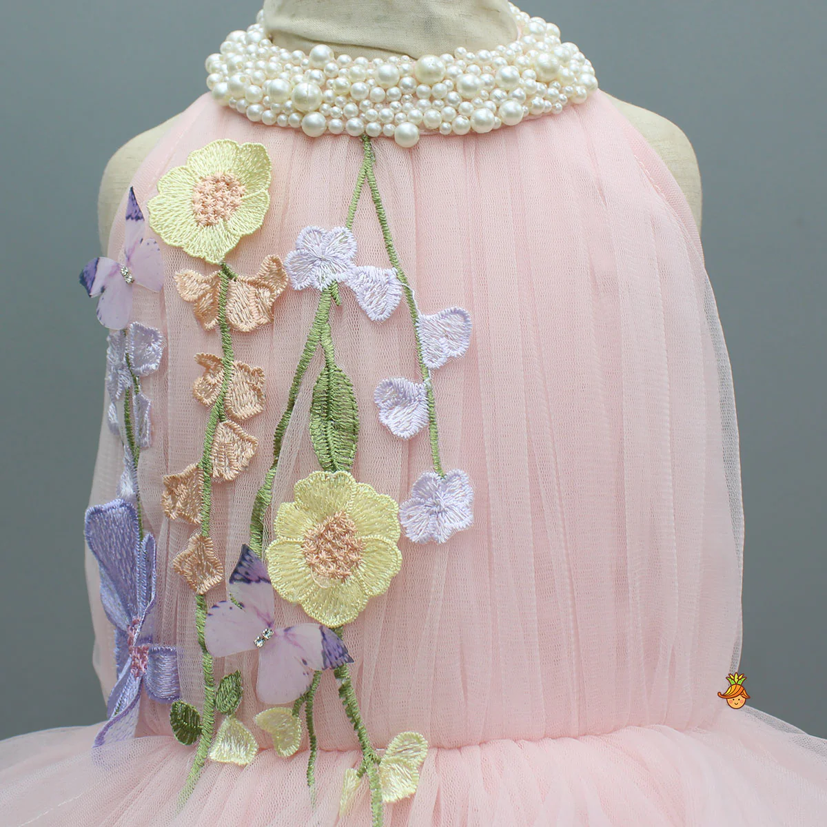Pink Ruffled Butterfly Gown With Floral Embellishments - Image 3
