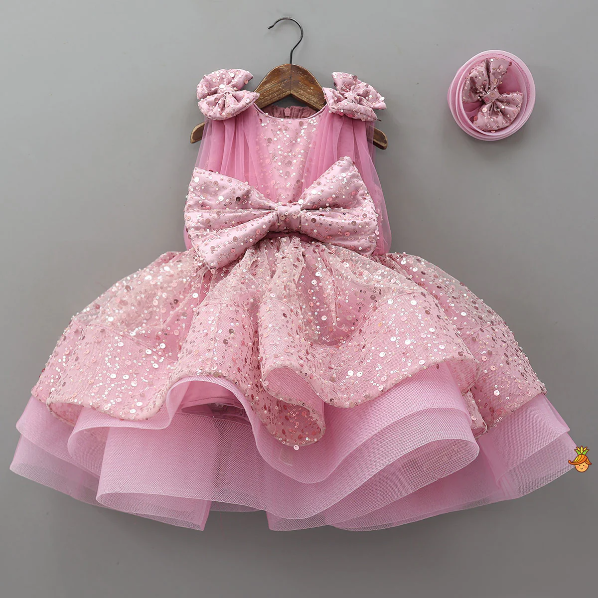 Pink Sequin Embellished Bow Adorned Dress With Matching Hair Clip