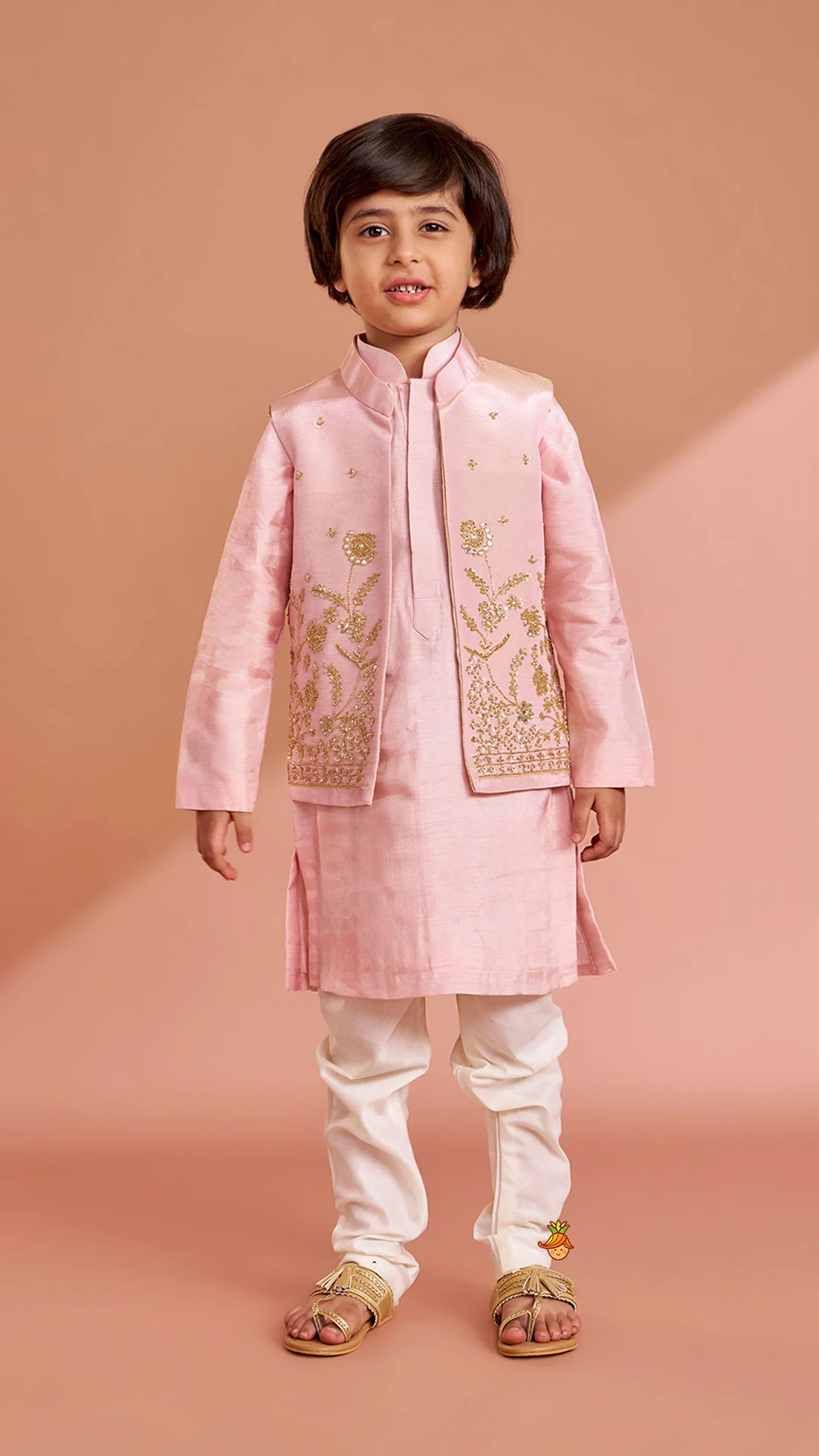 Pink Silk Kurta With Shimmery Pink Front Open Embroidered Jacket And Churidar - Image 2