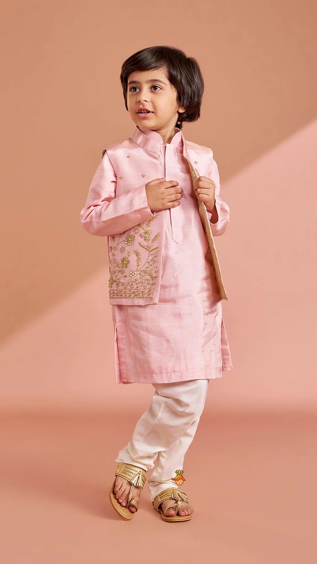 Pink Silk Kurta With Shimmery Pink Front Open Embroidered Jacket And Churidar - Image 3