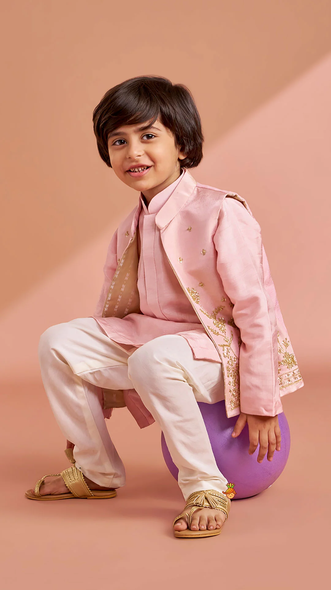 Pink Silk Kurta With Shimmery Pink Front Open Embroidered Jacket And Churidar - Image 4