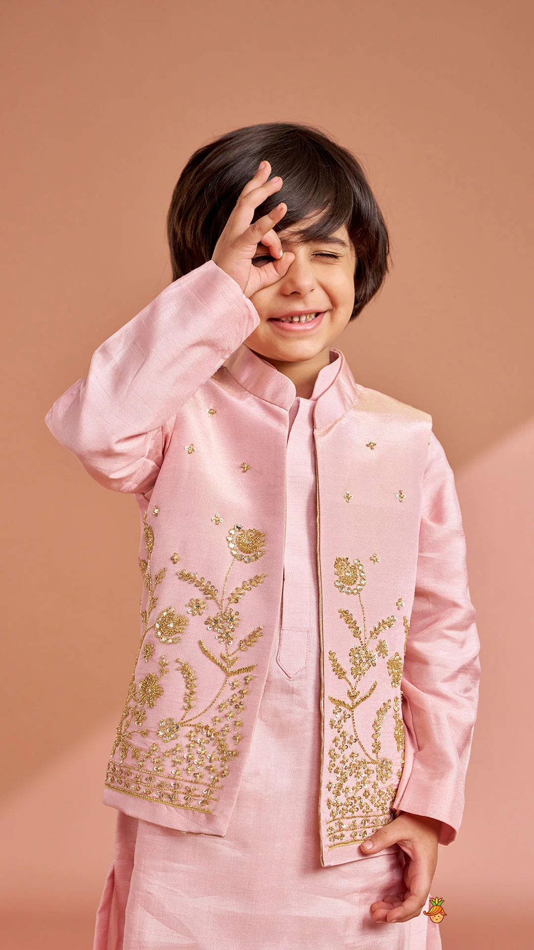 Pink Silk Kurta With Shimmery Pink Front Open Embroidered Jacket And Churidar - Image 5
