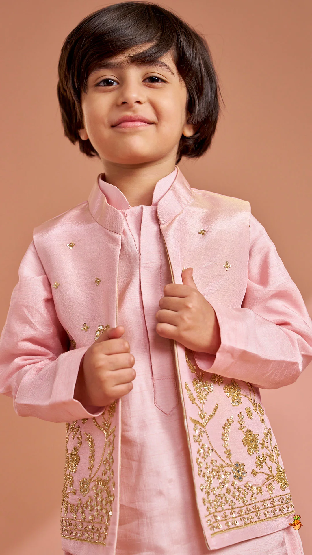 Pink Silk Kurta With Shimmery Pink Front Open Embroidered Jacket And Churidar - Image 6