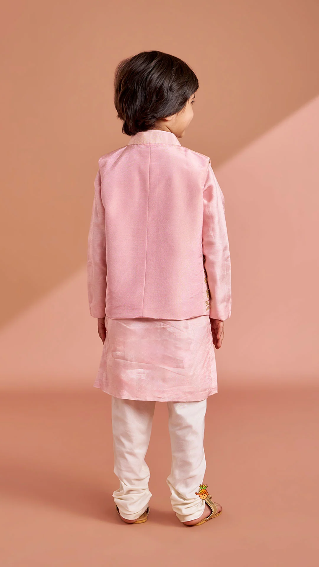 Pink Silk Kurta With Shimmery Pink Front Open Embroidered Jacket And Churidar - Image 8