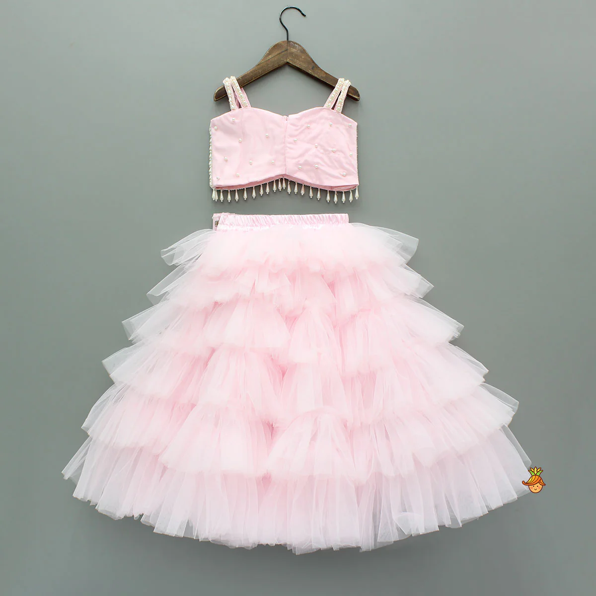Pink Stylish Strappy Top And Ruffle Net Lehenga - Image 2
