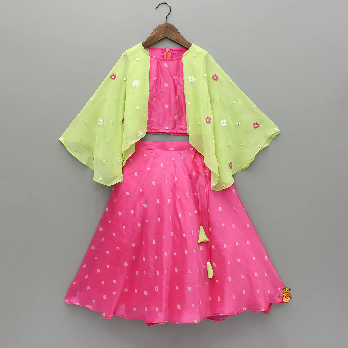 Pink Top With Green Contrast Flared Sleeves And Lehenga