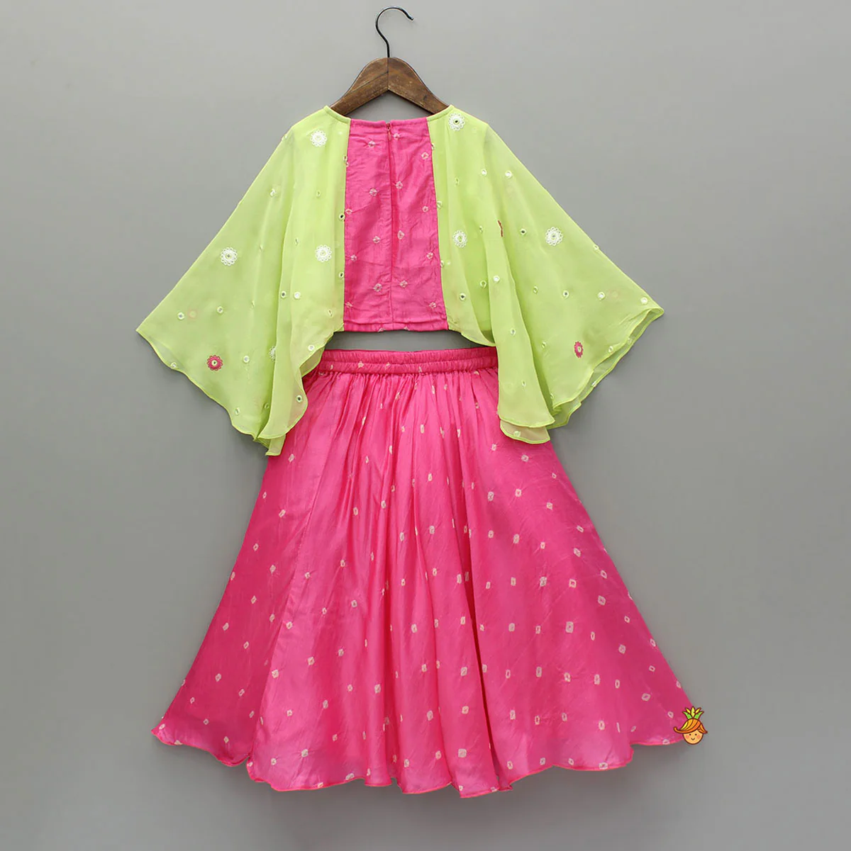 Pink Top With Green Contrast Flared Sleeves And Lehenga - Image 2