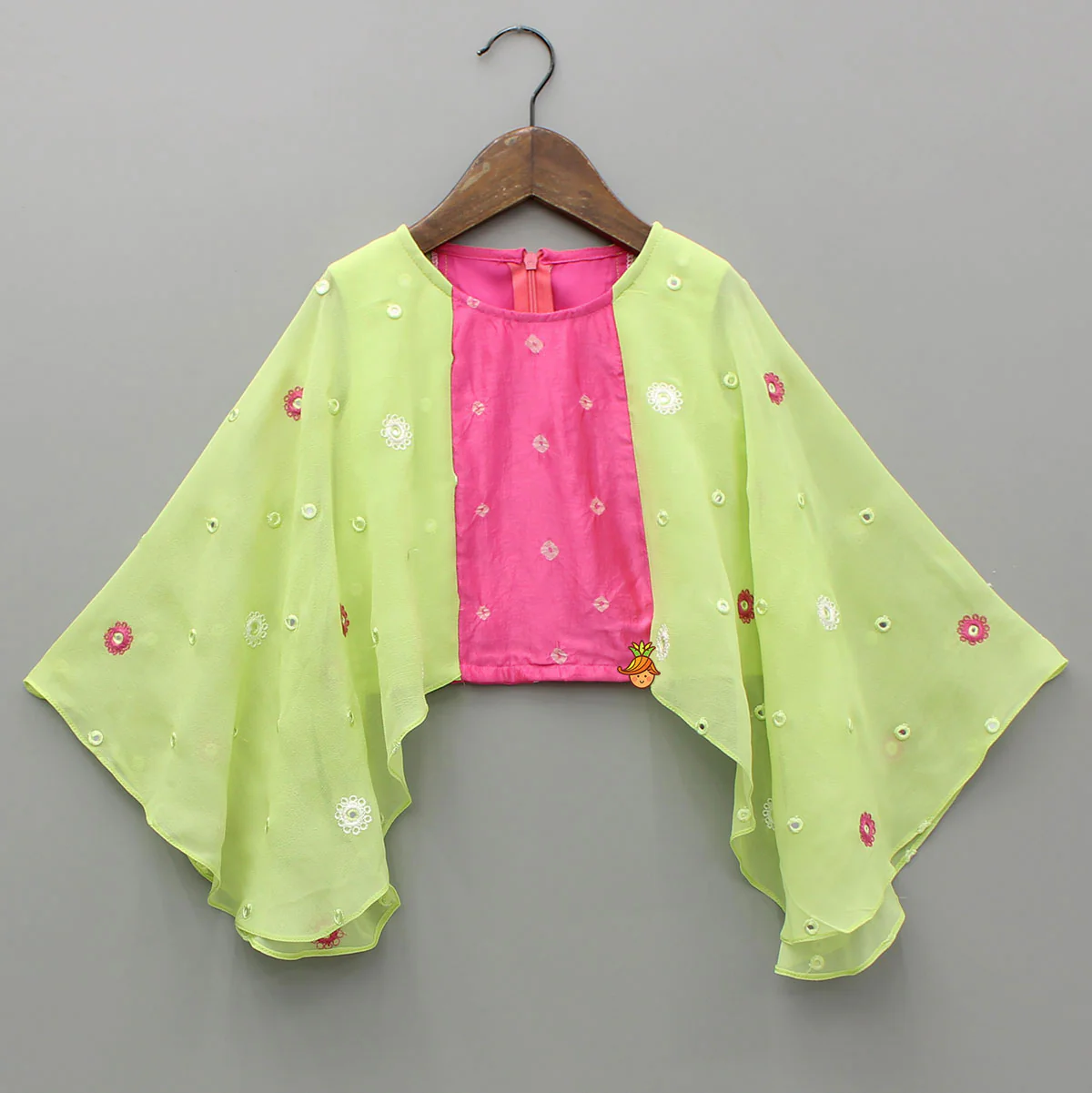 Pink Top With Green Contrast Flared Sleeves And Lehenga - Image 3
