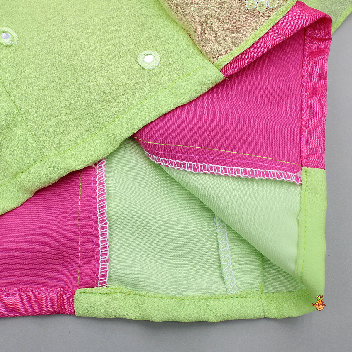 Pink Top With Green Contrast Flared Sleeves And Lehenga - Image 5