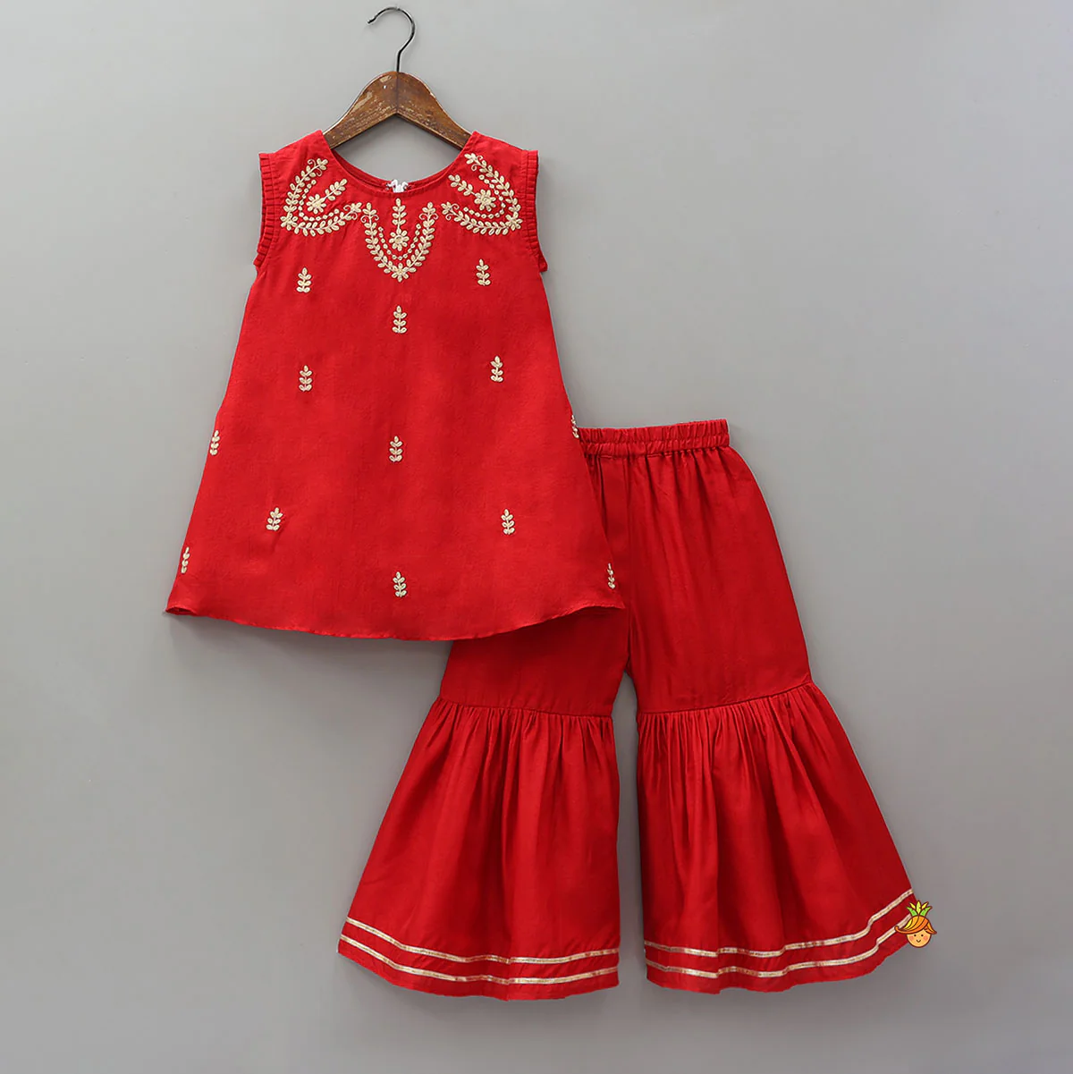 Pleated Armhole Kurti And Sharara With Matching Dupatta - Image 3