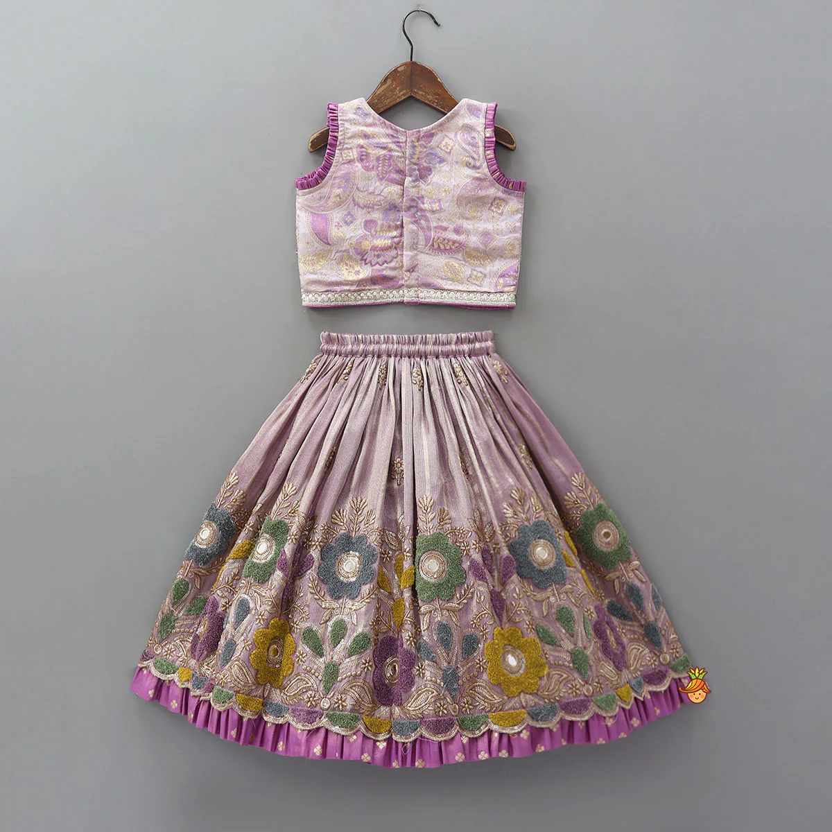 Pleated Armhole Top And Shimmery Lehenga With Matching Net Dupatta - Image 2