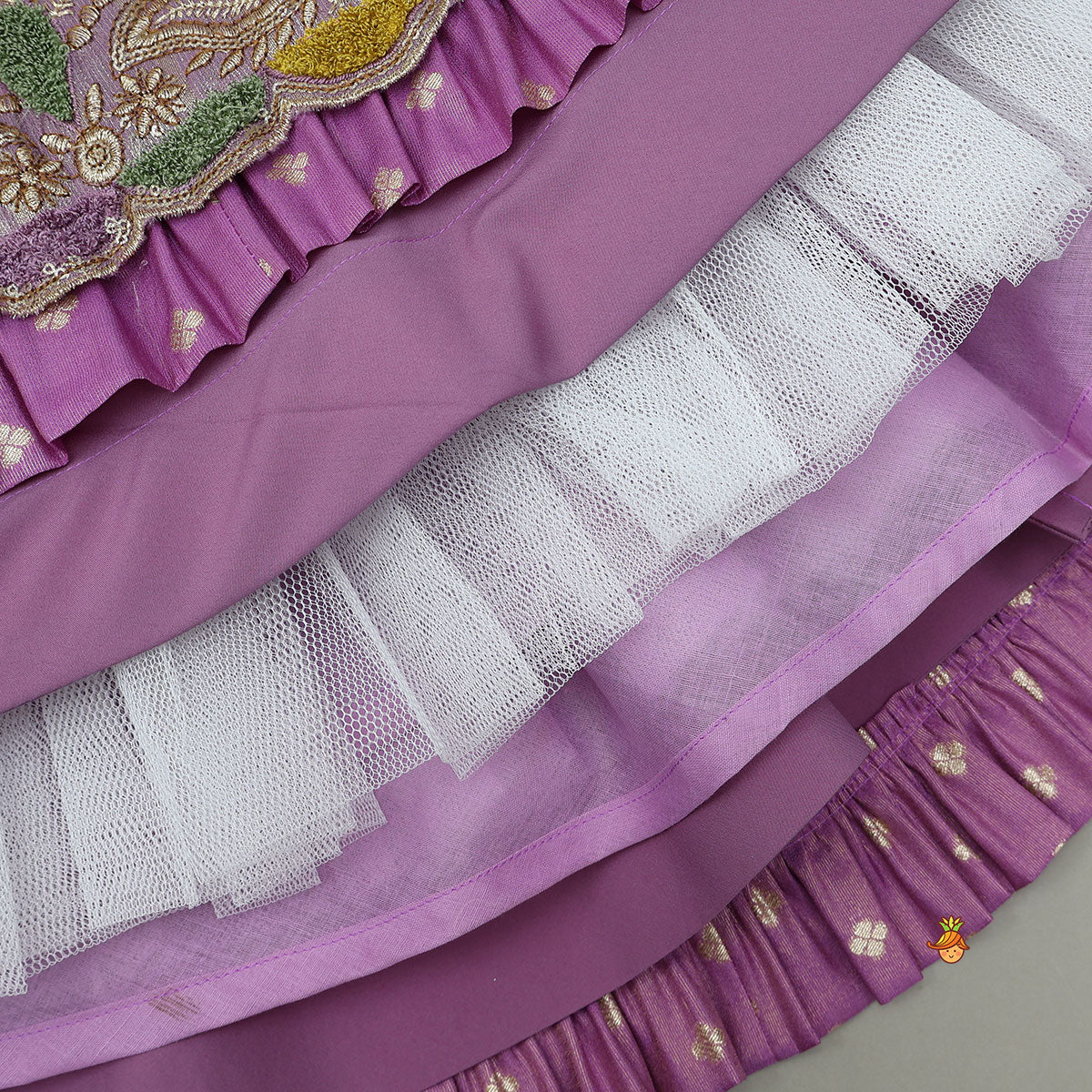 Pleated Armhole Top And Shimmery Lehenga With Matching Net Dupatta - Image 7