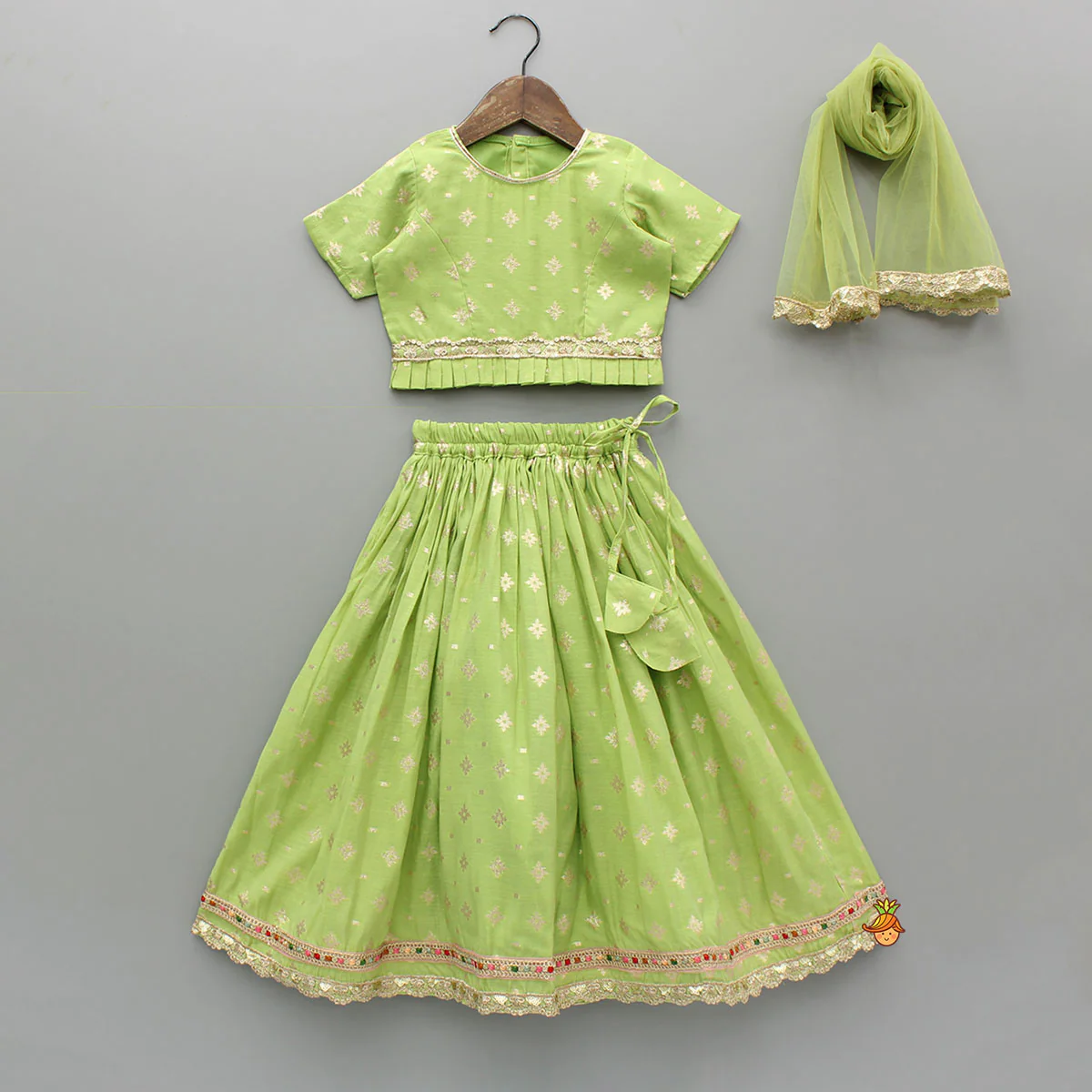 Pleated Hem Green Chanderi Embroidered Top And Lehenga With Net Dupatta