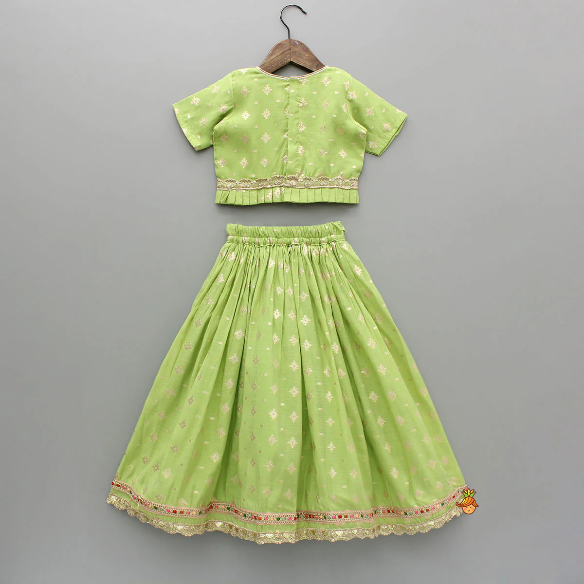 Pleated Hem Green Chanderi Embroidered Top And Lehenga With Net Dupatta - Image 2