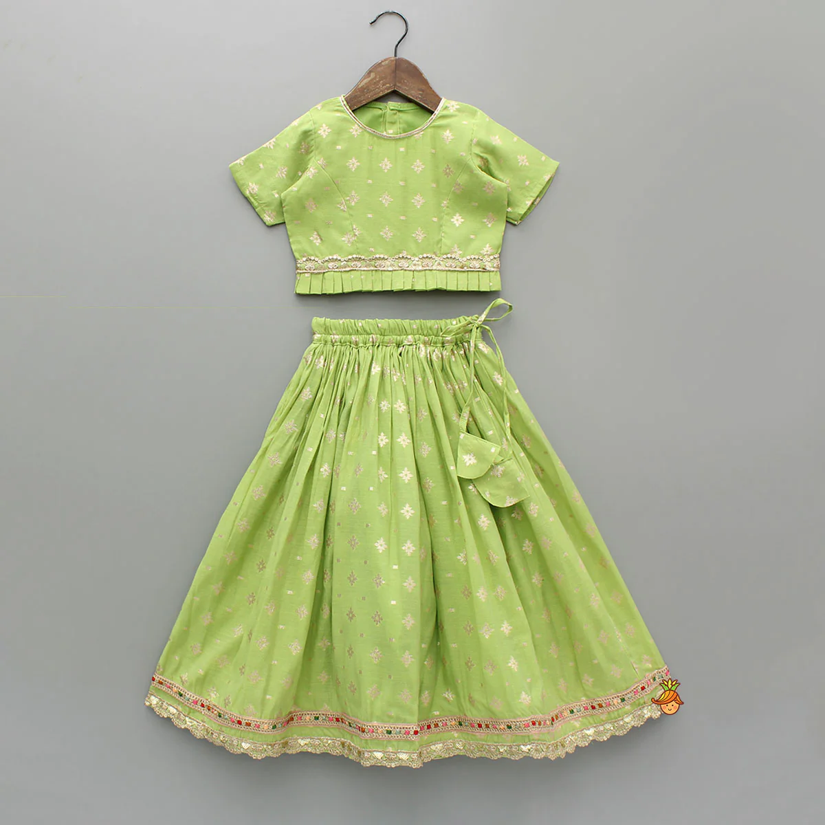 Pleated Hem Green Chanderi Embroidered Top And Lehenga With Net Dupatta - Image 3