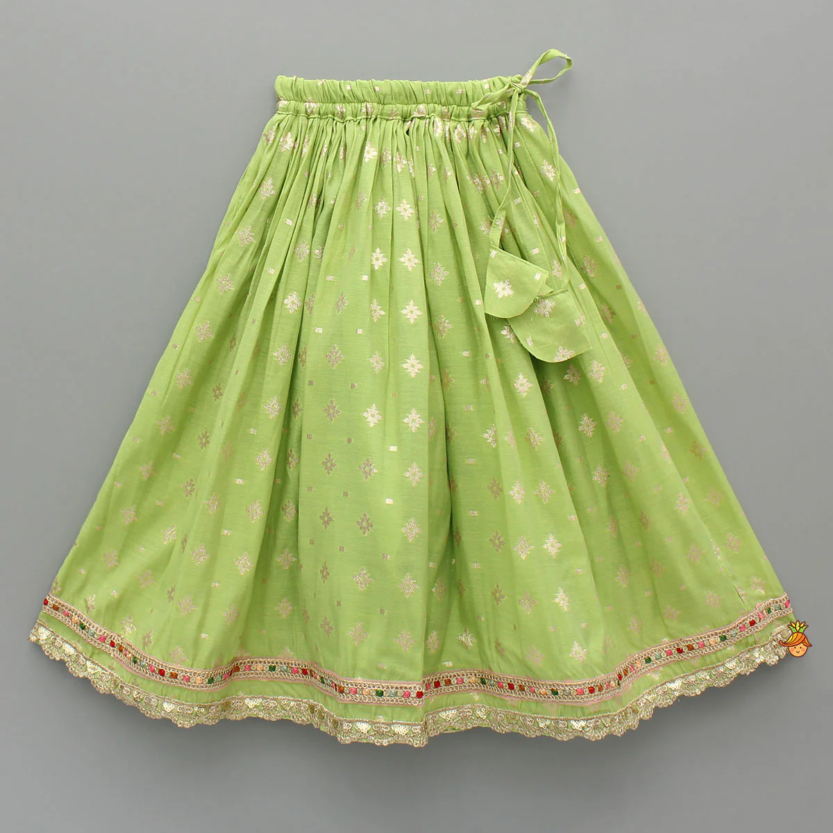 Pleated Hem Green Chanderi Embroidered Top And Lehenga With Net Dupatta - Image 5