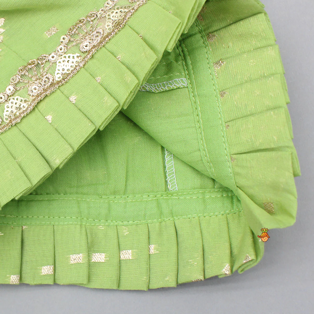Pleated Hem Green Chanderi Embroidered Top And Lehenga With Net Dupatta - Image 6