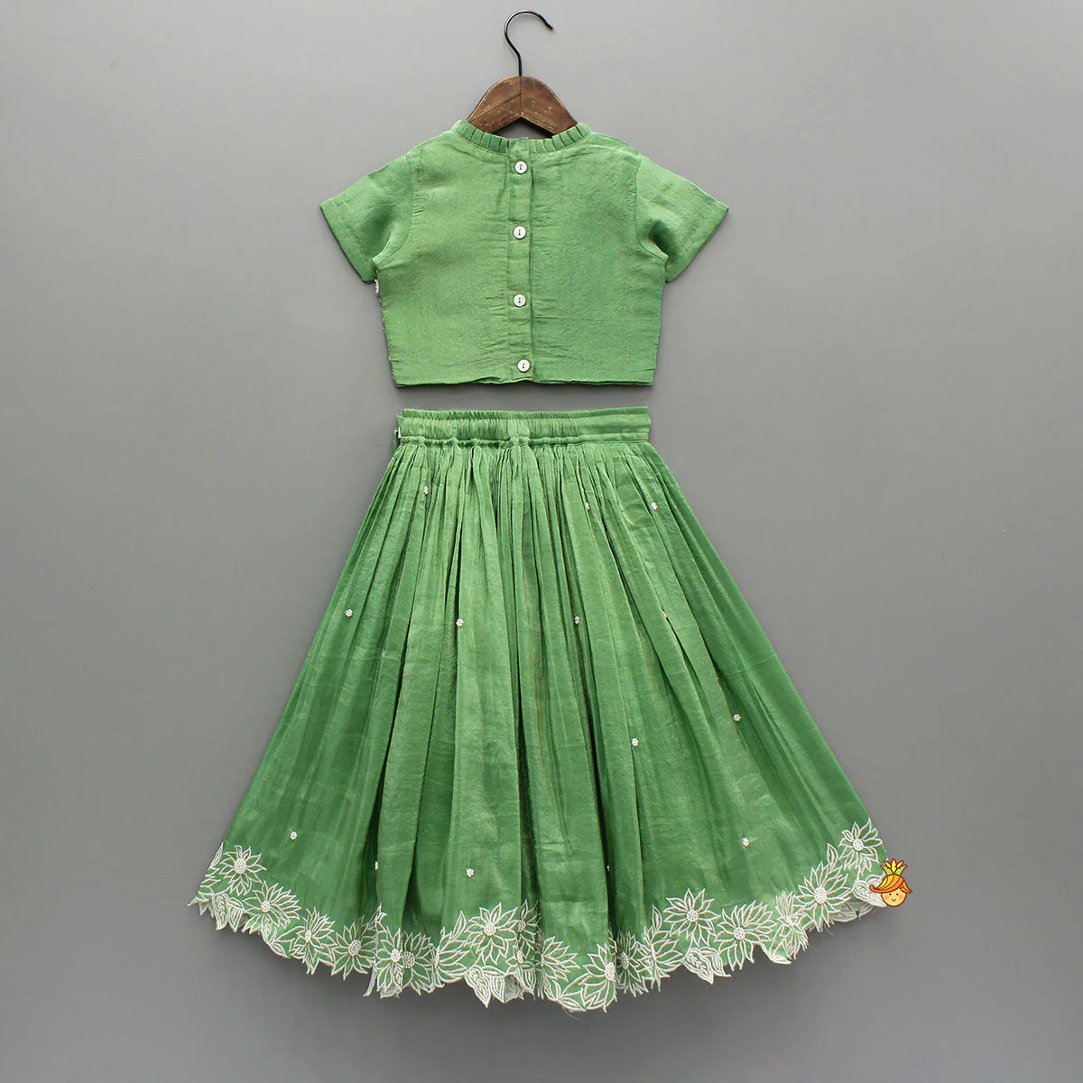 Pleated Neckline Green Shimmery Top And Fringes Tassels Enhanced Lehenga - Image 2