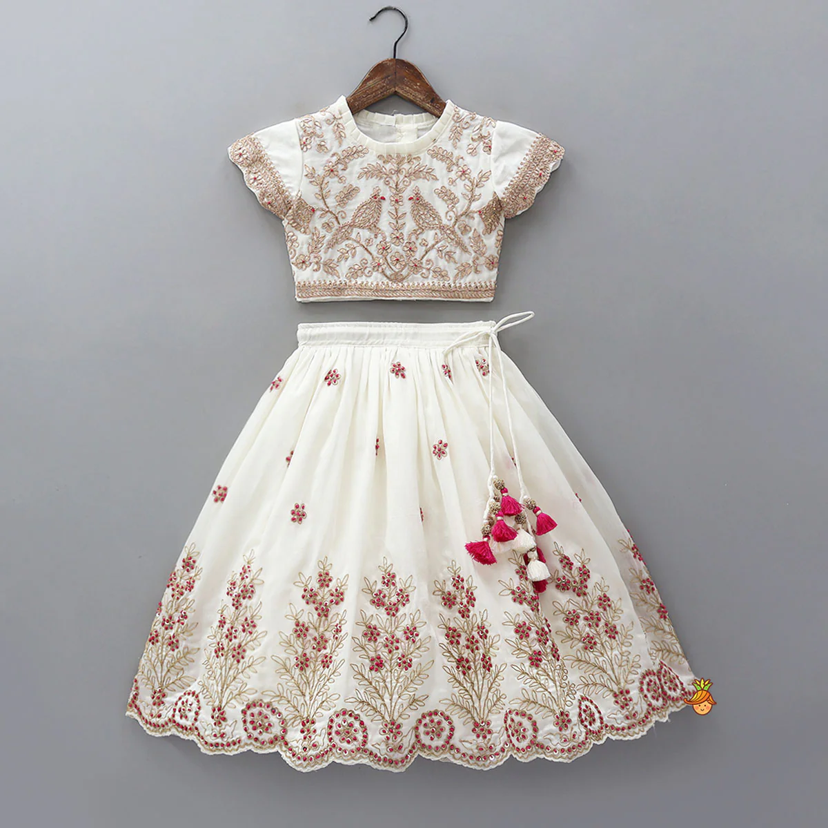 Pleated Neckline Heavily Embroidered Top With Lehenga