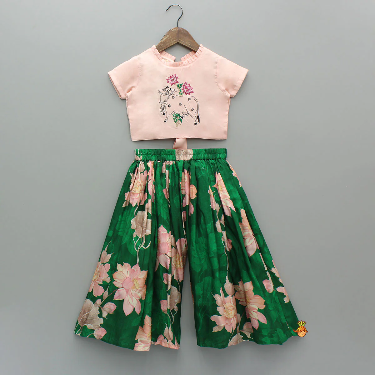 Pleated Neckline Peach Printed Top And Floral Printed Green Palazzo