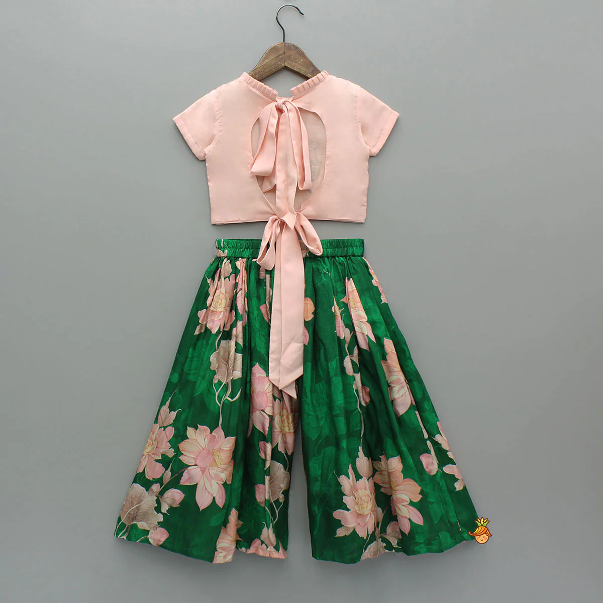 Pleated Neckline Peach Printed Top And Floral Printed Green Palazzo - Image 2