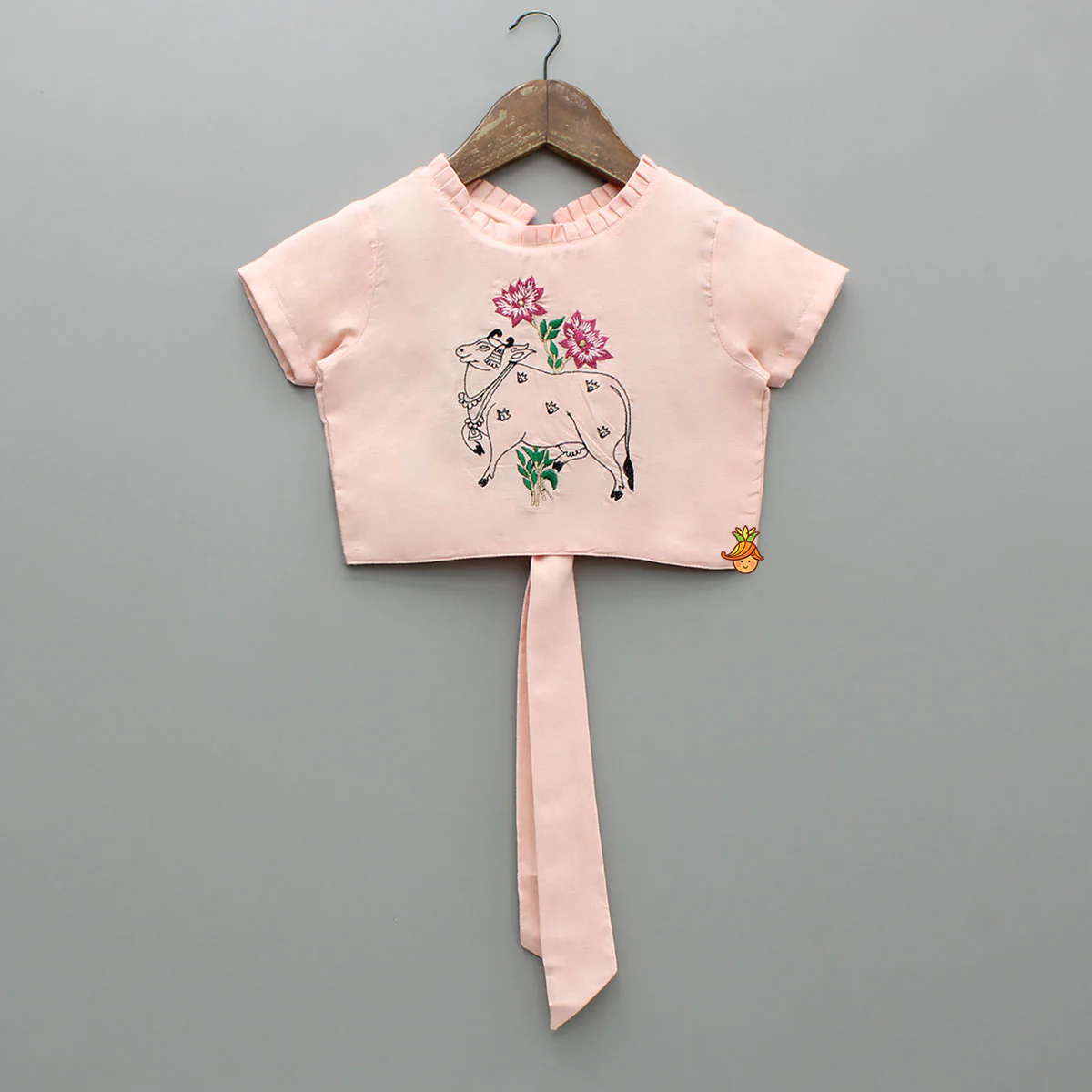 Pleated Neckline Peach Printed Top And Floral Printed Green Palazzo - Image 3