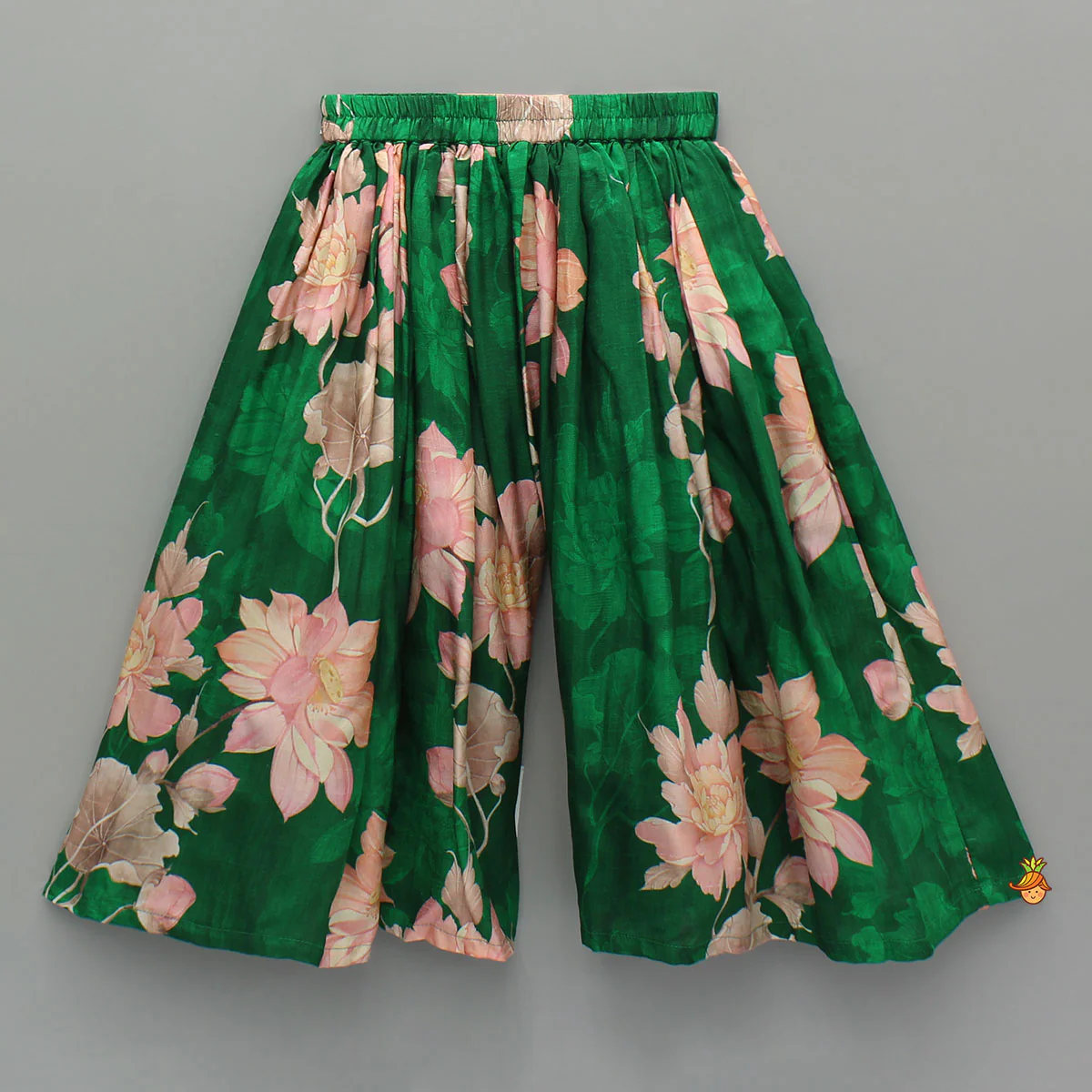 Pleated Neckline Peach Printed Top And Floral Printed Green Palazzo - Image 4