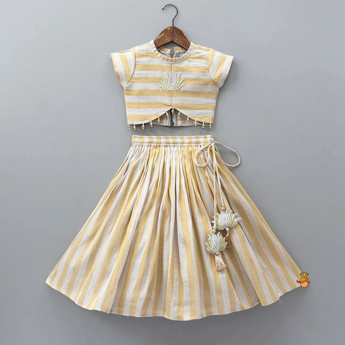 Pleated Neckline Striped Top And Lehenga