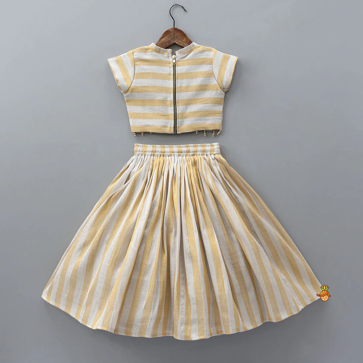 Pleated Neckline Striped Top And Lehenga - Image 2