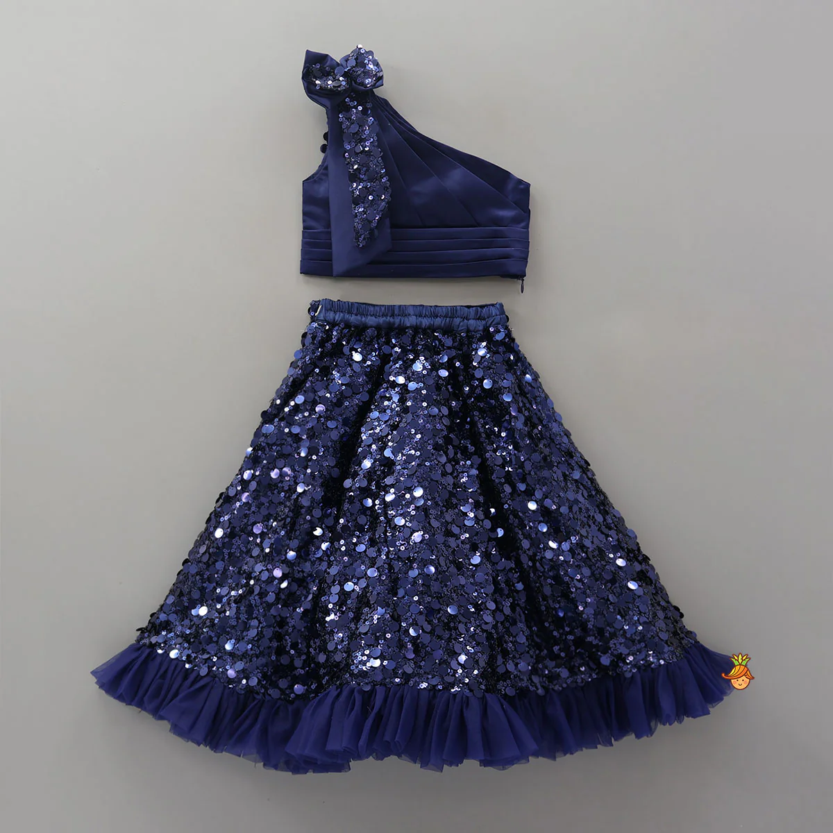 Pleated One Shoulder Crop Top And Gorgeous Sequined Lehenga - Image 2