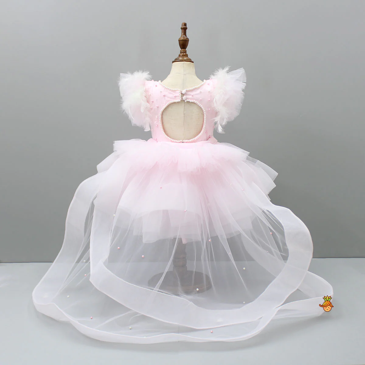 Pleated Yoke Cut-Out Back Pink Dress With Detachable Trail And Matching Headband - Image 2